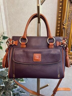 Dooney & Bourke Plum pocket Pebbled Leather Satchel with British Tan Trim